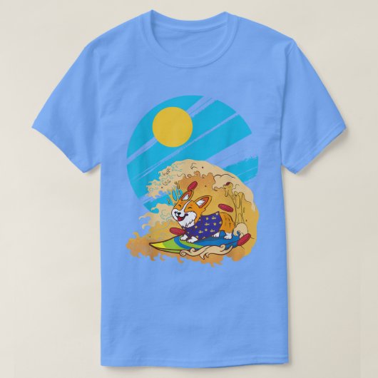 Corgi Surfing Big Wave Pizza Surfboard Hondenliefh T-shirt (Design voorkant)