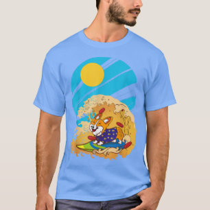 Corgi Surfing Big Wave Pizza Surfboard Hondenliefh T-shirt