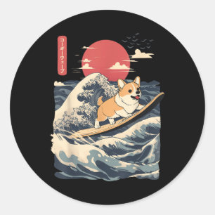 Corgi Surfing Japanese Wave Ronde Sticker