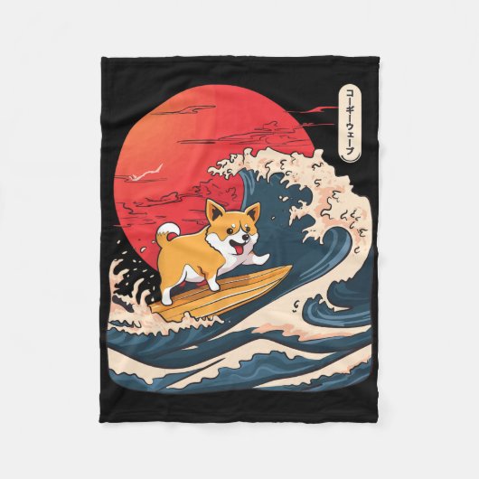 Corgi surft op Japanse golf _4 Fleece Deken (Voorkant)