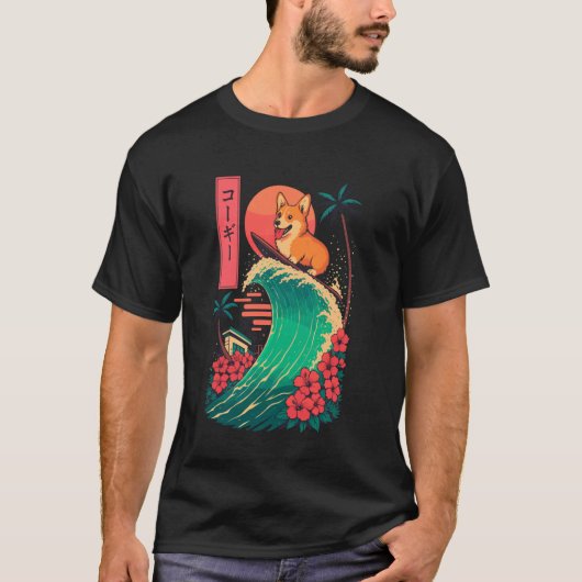 Corgi surft op Japanse golf T-shirt (Voorkant)