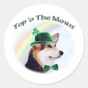 Corgi Top of the Morn'; Corgi St. Patrick's Day Ronde Sticker