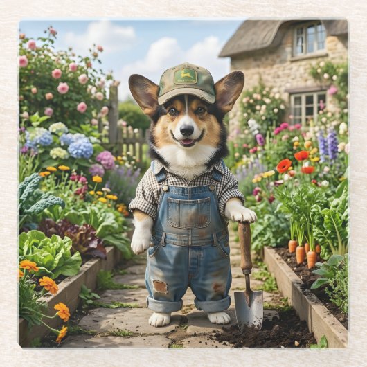 Corgi Tuinman Glazen Onderzetter (Voorkant)