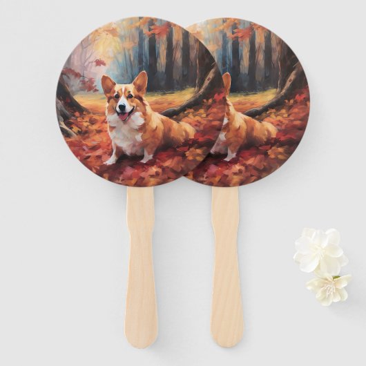 Corgi tussen herfstbladeren inspireert handwaaier (Voorkant en achterkant)