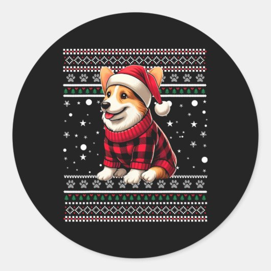 Corgi Ugly Funny Santa Hat Buffalo Plaid Kerstmis Ronde Sticker (Voorkant)