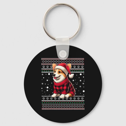 Corgi Ugly Funny Santa Hat Buffalo Plaid Kerstmis Sleutelhanger (Voorkant)