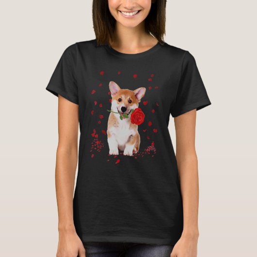 Corgi Valentijnsdag Hearts Love Roos Flower T-shirt (Voorkant)