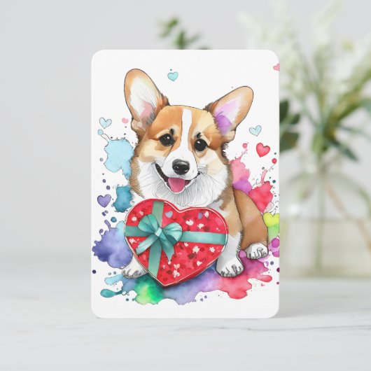 Corgi Valentijnsdag Kaart - Waterverf (Staand voorkant)