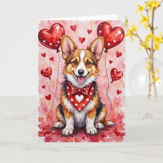 Corgi Valentine’s Day Dog with Hearts Red Kaart (Gele Bloem)