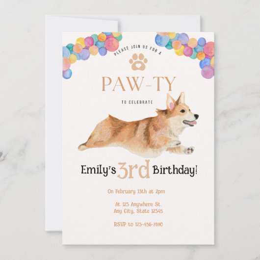 Corgi verjaardag Pawty uitnodiging (Voorkant)