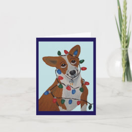 Corgi verstrikt in kerstlichtjes