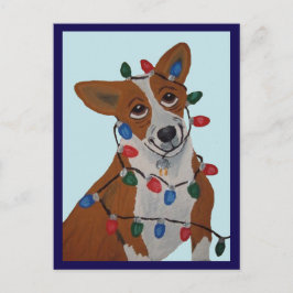 Corgi verstrikt in kerstlichtjes briefkaart