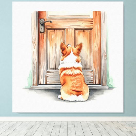 Corgi wacht geduldig canvas afdruk (Insitu (Houten vloer))