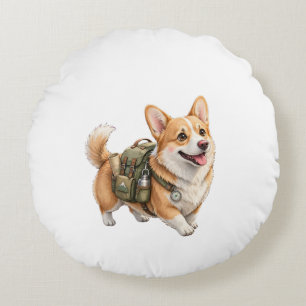 Corgi Wandelavontuur Aquarel Ronde Kussen