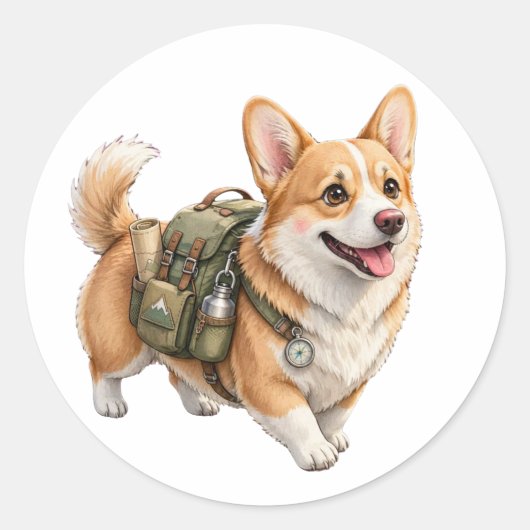 Corgi Wandelavontuur Watercolor Sticker (Voorkant)