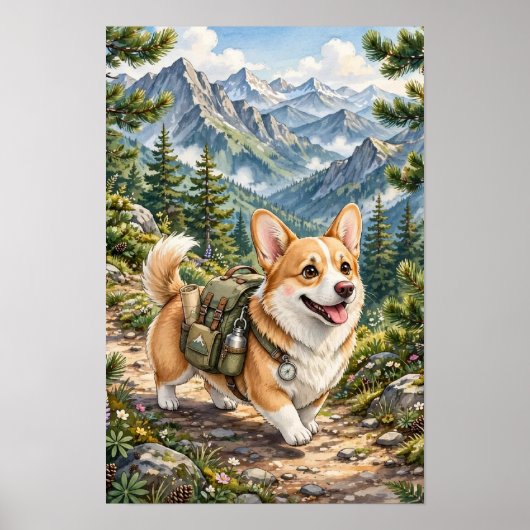 Corgi Wandelt in Berglandschap Aquarel Poster (Voorkant)