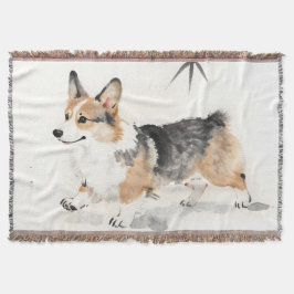 Corgi Watercolor – Whimsicale Japanse Inkt Honden  Deken