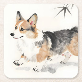 Corgi Watercolor – Whimsicale Japanse Inkt Honden  Kartonnen Onderzetters