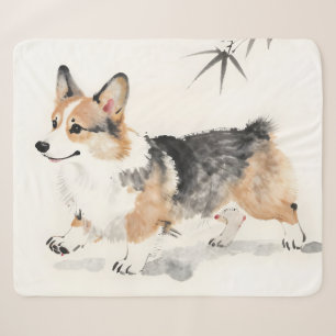 Corgi Watercolor – Whimsicale Japanse Inkt Honden Sherpa Deken