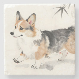 Corgi Watercolor – Whimsicale Japanse Inkt Honden  Stenen Onderzetter