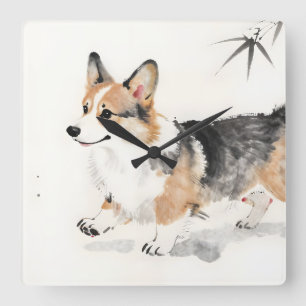 Corgi Watercolor – Whimsicale Japanse Inkt Honden  Vierkante Klok