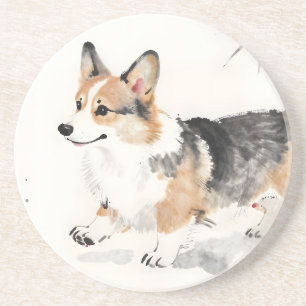 Corgi Watercolor – Whimsicale Japanse Inkt Honden Zandsteen Onderzetter