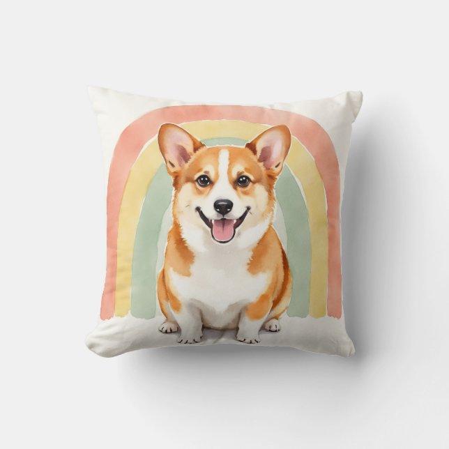Corgi Waterverf Regenboog Boog Kunst Kussen (Voorkant)