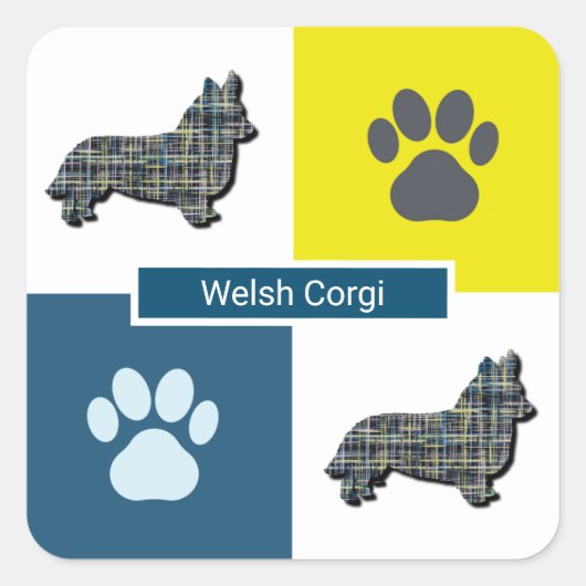Corgi Welsh Dog & Paw Y&B Grid Vierkante Sticker (Voorkant)