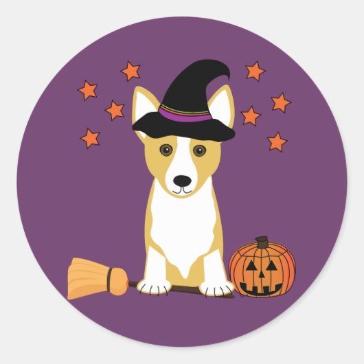 Corgi Witch Halloween Ronde Sticker (Voorkant)
