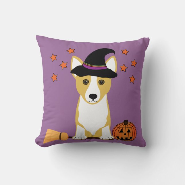 Corgi Witch Halloween Sierkussen (Voorkant)