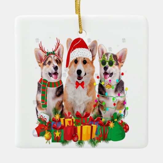 Corgi Xmas Licht Santa Hat Hondenliefhebber Keramisch Ornament (Voorkant)