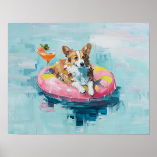 Corgi Zwembad Float Art Print: Zomer Hond Wall Dec Poster