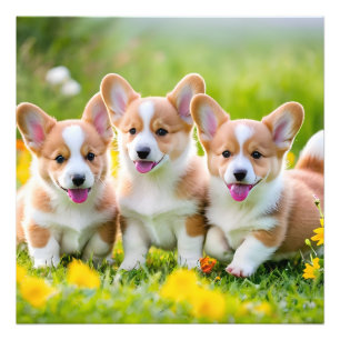 Corgies spelen in het gras foto afdruk