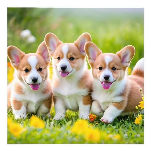 Corgies spelen in het gras foto afdruk (Voorkant)