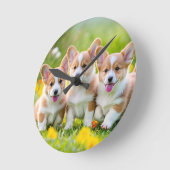 Corgies spelen in het gras ronde klok (Hoek)