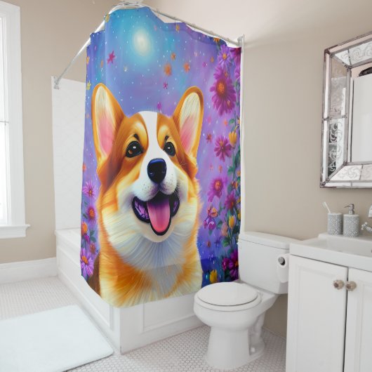 Corgi's Floral World Douchegordijn (In situ)