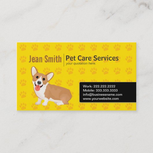 Corgi's Footprint Dog Care Yellow visitekaartje (Voorkant)