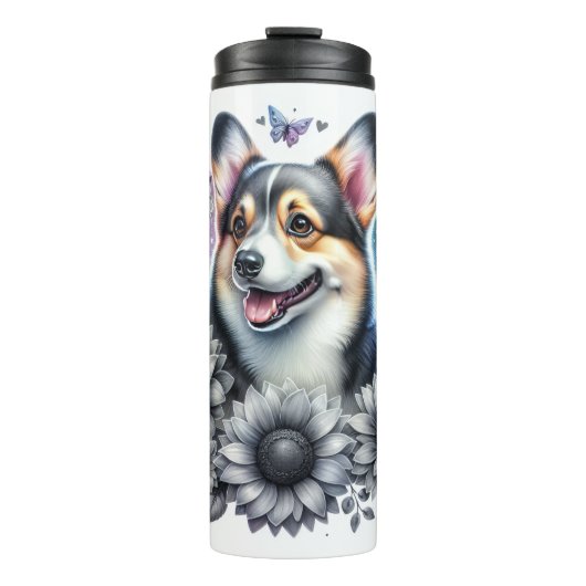 Corgi's Grijswaarde Bloemen Verrukking Thermosbeker (Voorkant)