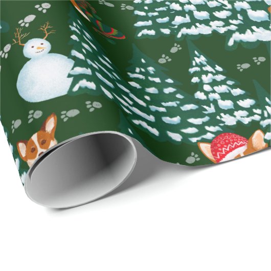 Corgis heeft plezier in het winterbos - groen cadeaupapier (Rol Hoek)