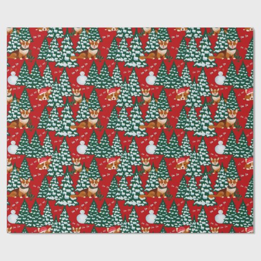 Corgis heeft plezier in het winterbos - rood cadeaupapier (Vlak)