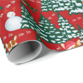 Corgis heeft plezier in het winterbos - rood cadeaupapier (Rol Hoek)