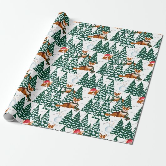 Corgis heeft plezier in het winterbos - wit cadeaupapier (Uitgerold)