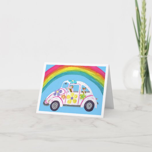 Corgi's in Hippieauto op het Strand met een Regenb (Voorkant)