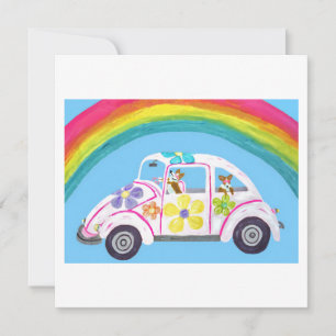 Corgi's in Hippieauto op het Strand met een Regenb Kaart