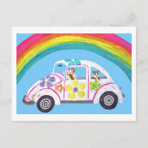 Corgi's in Hippieauto op het Strand met een Regenb Uitnodiging Briefkaart