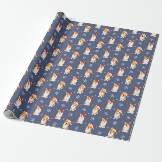 Corgis in Santa Hats en Snowflakes Patroon Cadeaupapier (Uitgerold)