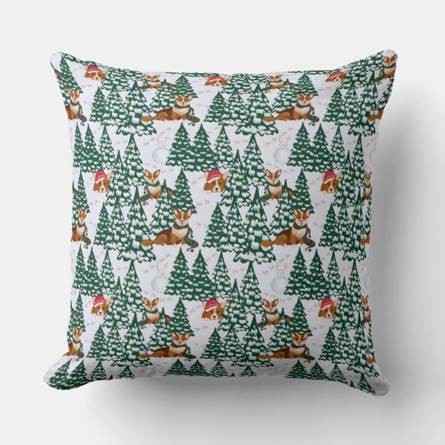 Corgi's versieren de Kerstboom in Witte Bos Kussen (Voorkant)