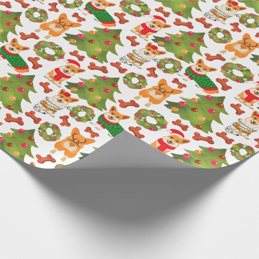 Corgis versieren de kerstboom - patroon wit cadeaupapier (Hoek)