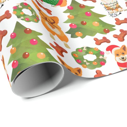 Corgis versieren de kerstboom - patroon wit cadeaupapier (Rol Hoek)
