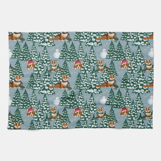 Corgis versiert de kerstboom in Forest Blue Theedoek (Horizontaal)